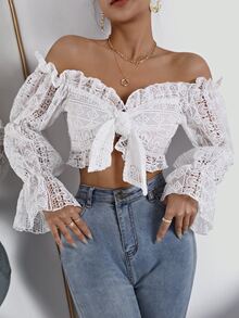 SHEIN SXY Ruffle Trim Bell Sleeve Tie Front Lace Crop Top - White - View 6