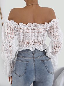 SHEIN SXY Ruffle Trim Bell Sleeve Tie Front Lace Crop Top - White - View 3