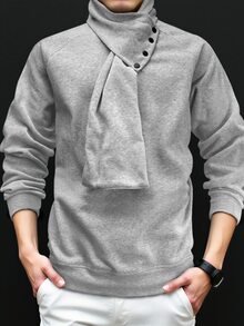 Resyla Men 男士纯色围巾设计插肩长袖休闲套头衫，秋冬季 - 淺灰色 - 查看 4