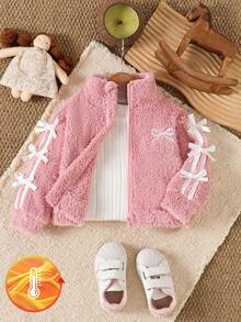 SHEIN Cardigan Bayi Perempuan Warna Pink Polos + Pita Bulu Halus, Model Pendek dengan Resleting, Kerah Setengah Tinggi, Jaket Modis, Sederhana, dan Serbaguna, Cocok untuk Pakaian Luar Ruangan - Berwarna merah muda - View 5