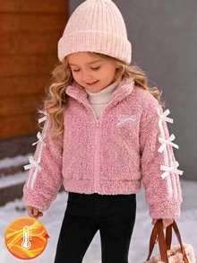 SHEIN Cardigan Bayi Perempuan Warna Pink Polos + Pita Bulu Halus, Model Pendek dengan Resleting, Kerah Setengah Tinggi, Jaket Modis, Sederhana, dan Serbaguna, Cocok untuk Pakaian Luar Ruangan - Berwarna merah muda - View 1