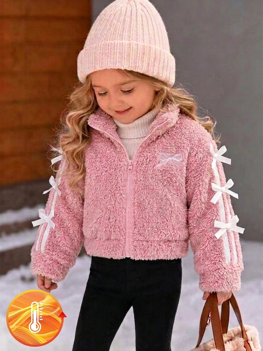 SHEIN Cardigan Bayi Perempuan Warna Pink Polos + Pita Bulu Halus, Model Pendek dengan Resleting, Kerah Setengah Tinggi, Jaket Modis, Sederhana, dan Serbaguna, Cocok untuk Pakaian Luar Ruangan - Berwarna merah muda - View 1