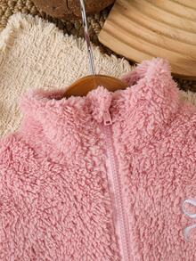 SHEIN Cardigan Bayi Perempuan Warna Pink Polos + Pita Bulu Halus, Model Pendek dengan Resleting, Kerah Setengah Tinggi, Jaket Modis, Sederhana, dan Serbaguna, Cocok untuk Pakaian Luar Ruangan - Berwarna merah muda - View 9