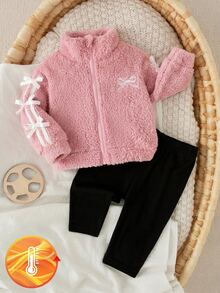 SHEIN Cardigan Bayi Perempuan Warna Pink Polos + Pita Bulu Halus, Model Pendek dengan Resleting, Kerah Setengah Tinggi, Jaket Modis, Sederhana, dan Serbaguna, Cocok untuk Pakaian Luar Ruangan - Berwarna merah muda - View 4