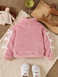 SHEIN Cardigan Bayi Perempuan Warna Pink Polos + Pita Bulu Halus, Model Pendek dengan Resleting, Kerah Setengah Tinggi, Jaket Modis, Sederhana, dan Serbaguna, Cocok untuk Pakaian Luar Ruangan - Berwarna merah muda - View 2