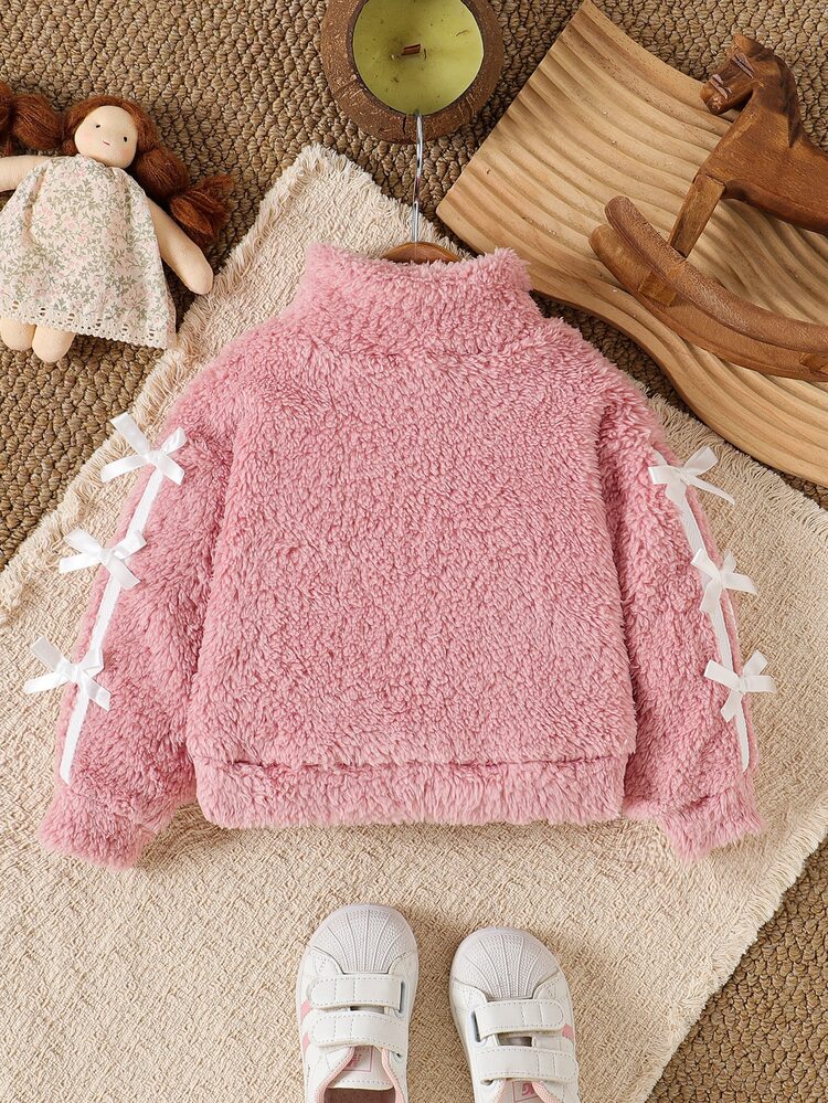 SHEIN Infant Girls Solid Pink + Bow Plush Short Waist Zipper Cardigan Half-High Neck Fashion Simple Versatile Jacket, Suitable For Outdoor Wear - Pink - View 2