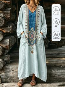 LanaWest Bohemian Exotic Symmetrical Print V-Neck Flared Long Robe Dress Textured Faux Linen Flattering Travel Dress - Gray green - View 5
