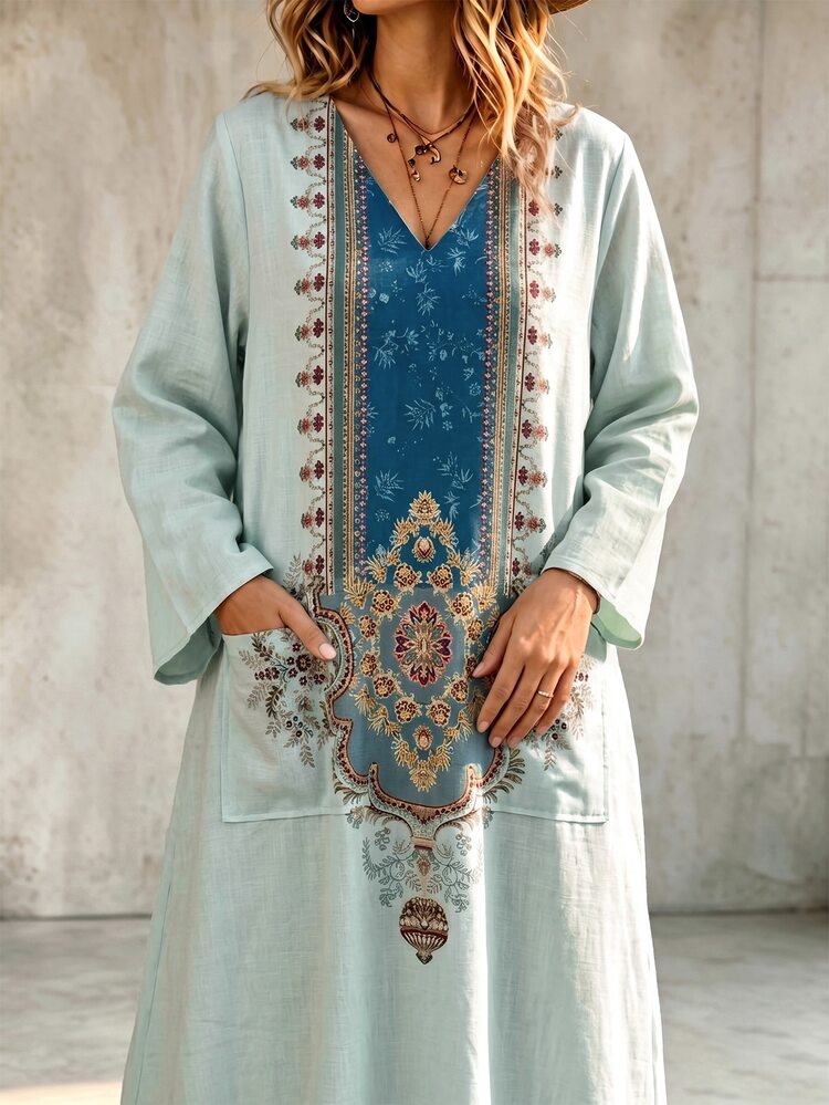 LanaWest Bohemian Exotic Symmetrical Print V-Neck Flared Long Robe Dress Textured Faux Linen Flattering Travel Dress - Gray green - View 6