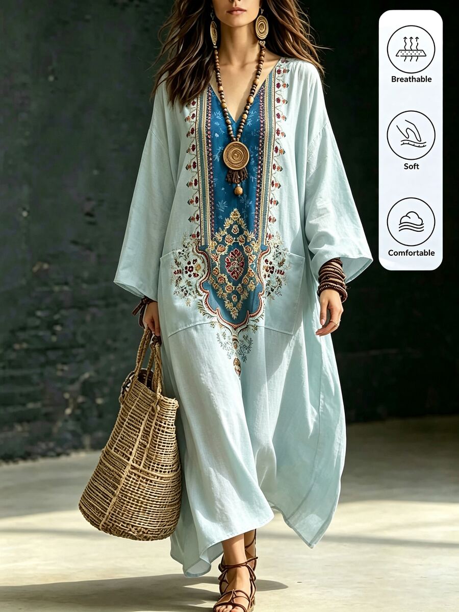 LanaWest Bohemian Exotic Symmetrical Print V-Neck Flared Long Robe Dress Textured Faux Linen Flattering Travel Dress - Gray green - View 1