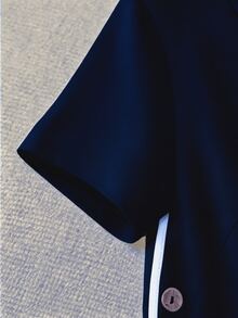 SHEIN LUNE Camisa de manga corta con botones y ribete de contraste para uso diario en tallas grandes - Azul Marino - Ver 6