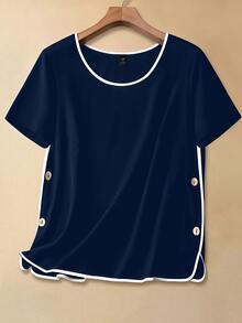 SHEIN LUNE Camisa de manga corta con botones y ribete de contraste para uso diario en tallas grandes - Azul Marino - Ver 1