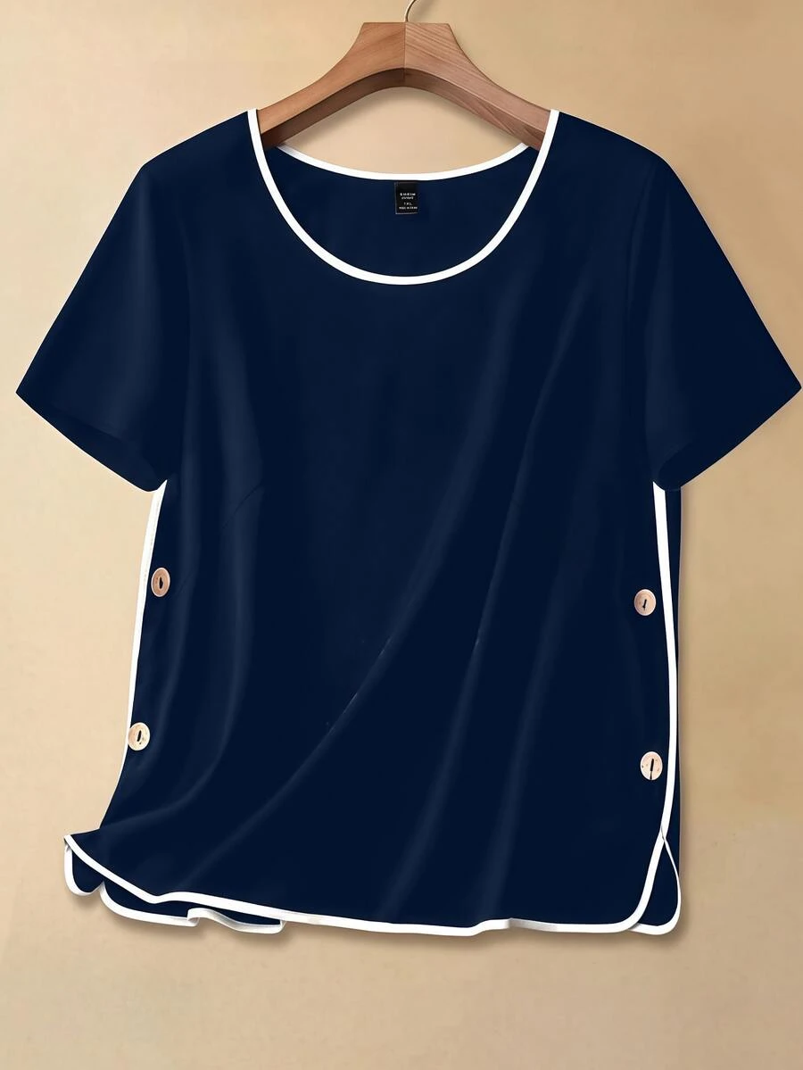 SHEIN LUNE Camisa de manga corta con botones y ribete de contraste para uso diario en tallas grandes - Azul Marino - Ver 1