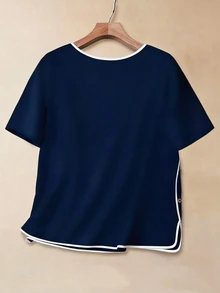 SHEIN LUNE Camisa de manga corta con botones y ribete de contraste para uso diario en tallas grandes - Azul Marino - Ver 2