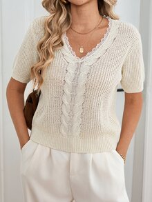 Louniche Summer French Style V-Neck Sweet Short Sleeve T-Shirt, Slim Fit Waist, Ribbed Cable Knit Lace Patchwork Top - Apricot - View 5