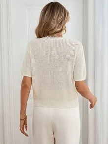 Louniche Summer French Style V-Neck Sweet Short Sleeve T-Shirt, Slim Fit Waist, Ribbed Cable Knit Lace Patchwork Top - Apricot - View 2