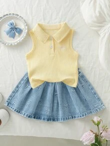 Genkimix Kids 少女 Polo 裙套裝 夏季新品 可愛甜美風 黃色羅紋針織無袖上衣 搭配粉色蝴蝶結刺繡 淺藍色牛仔百褶裙 鬆緊腰 柔軟舒適 休閒日常上學度假旅行穿搭 - 黃色 - 查看 4