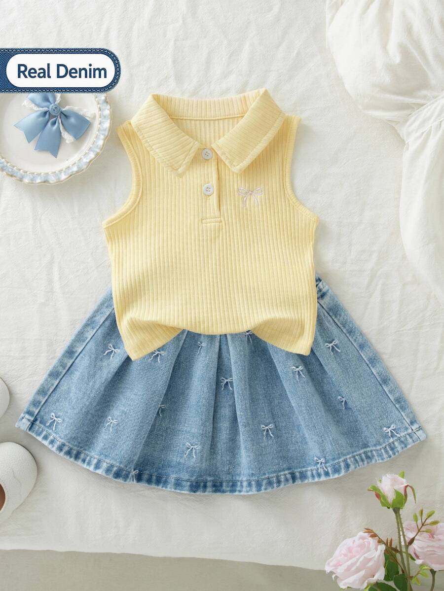 Genkimix Kids 少女 Polo 裙套裝 夏季新品 可愛甜美風 黃色羅紋針織無袖上衣 搭配粉色蝴蝶結刺繡 淺藍色牛仔百褶裙 鬆緊腰 柔軟舒適 休閒日常上學度假旅行穿搭