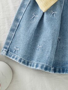 Genkimix Kids 少女 Polo 裙套裝 夏季新品 可愛甜美風 黃色羅紋針織無袖上衣 搭配粉色蝴蝶結刺繡 淺藍色牛仔百褶裙 鬆緊腰 柔軟舒適 休閒日常上學度假旅行穿搭 - 黃色 - 查看 7