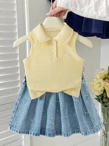 Genkimix Kids 少女 Polo 裙套裝 夏季新品 可愛甜美風 黃色羅紋針織無袖上衣 搭配粉色蝴蝶結刺繡 淺藍色牛仔百褶裙 鬆緊腰 柔軟舒適 休閒日常上學度假旅行穿搭 - 黃色 - 查看 5