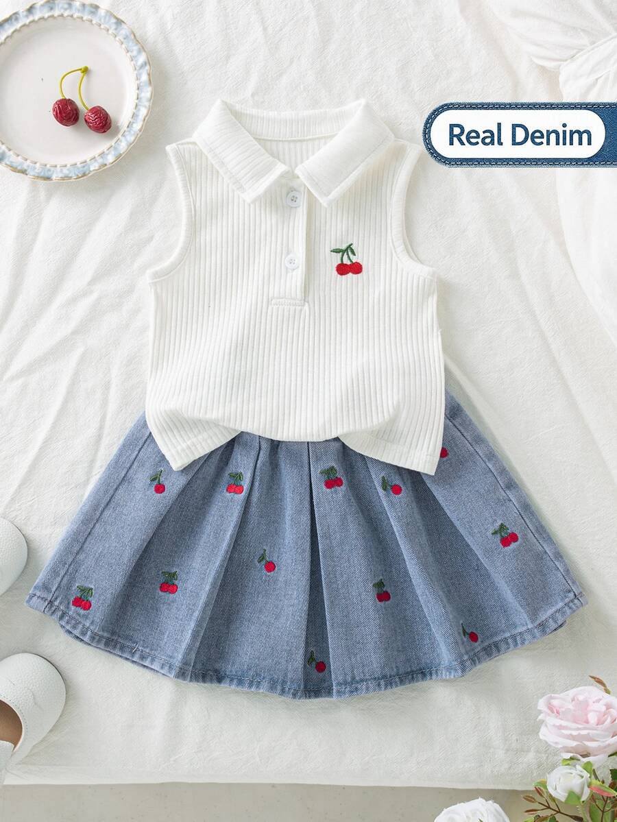 Genkimix Kids 两件套女童樱桃刺绣无袖polo衫和牛仔裙，夏季新款可爱休闲风，柔软罗纹polo衫搭配浅蓝色水洗樱桃刺绣A字牛仔裙，高腰弹力设计，适合儿童节、夏季、海滩周末、日常穿着、派对等场合。