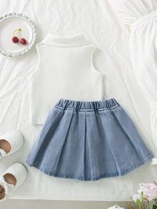 Genkimix Kids 两件套女童樱桃刺绣无袖polo衫和牛仔裙，夏季新款可爱休闲风，柔软罗纹polo衫搭配浅蓝色水洗樱桃刺绣A字牛仔裙，高腰弹力设计，适合儿童节、夏季、海滩周末、日常穿着、派对等场合。 - 白色 - 查看 3