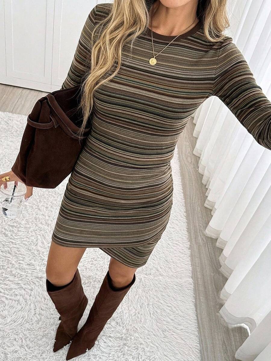 SHEIN LUNE Contrast Ribbed Crew Neck Fitted Long Sleeve Ruched Waist Ribbed Knit Short Dress For Women, Autumn/Winter Brunch Brown Stripe Casual - Multicolor - View 1
