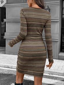 SHEIN LUNE Contrast Ribbed Crew Neck Fitted Long Sleeve Ruched Waist Ribbed Knit Short Dress For Women, Autumn/Winter Brunch Brown Stripe Casual - Multicolor - View 7