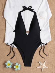 SHEIN Swim Elenzya 纯色深 V 领露背扭褶金属细节休闲沙滩连体泳衣 - 黑色 - 查看 4
