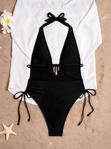 SHEIN Swim Elenzya 纯色深 V 领露背扭褶金属细节休闲沙滩连体泳衣 - 黑色 - 查看 2