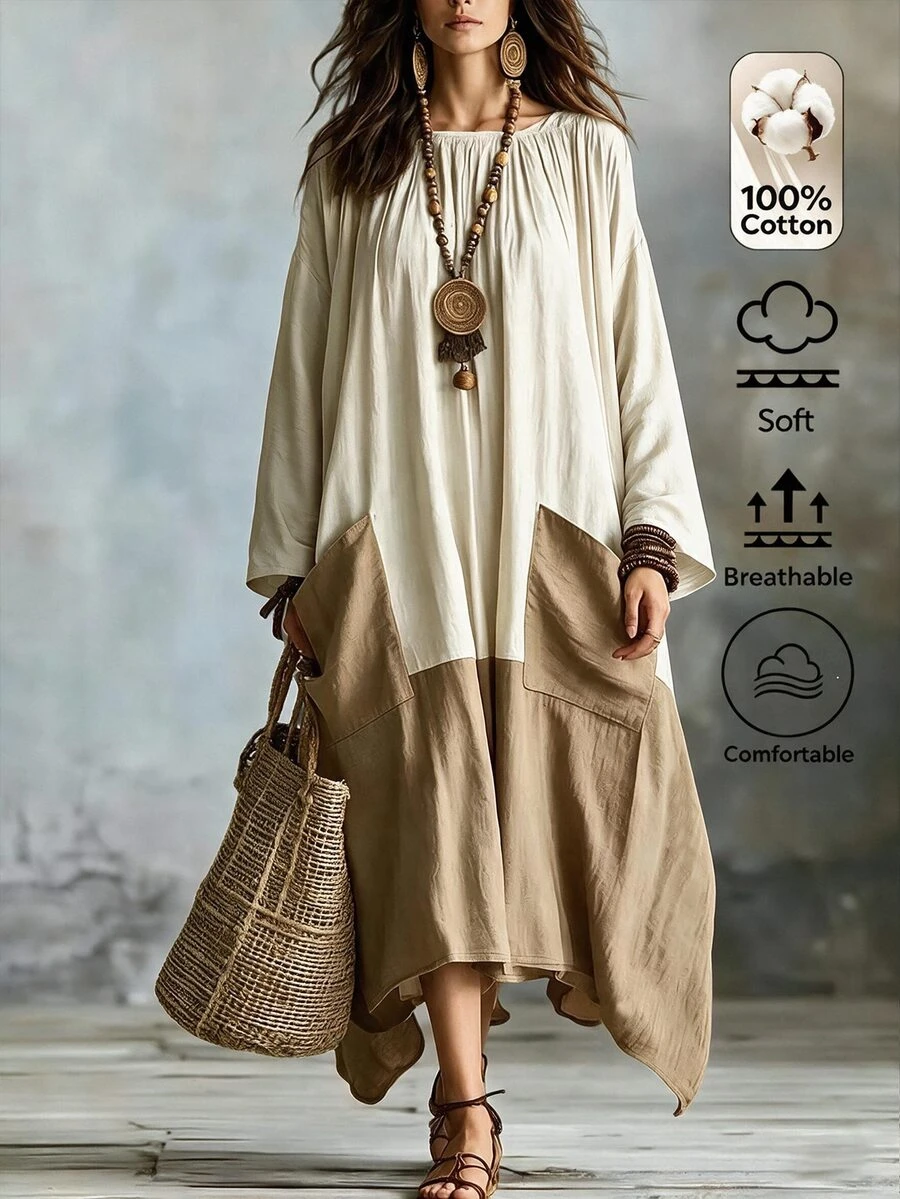 Linhara Plus Size Casual Pure Cotton Boat Neck Pocket Contrast Color Bell Sleeve Long Sleeve Loose Fit Dress