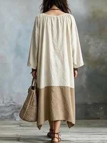 Linhara Plus Size Casual Pure Cotton Boat Neck Pocket Contrast Color Bell Sleeve Long Sleeve Loose Fit Dress - Multicolor - View 3