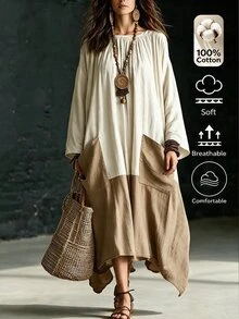 Linhara Plus Size Casual Pure Cotton Boat Neck Pocket Contrast Color Bell Sleeve Long Sleeve Loose Fit Dress - Multicolor - View 2