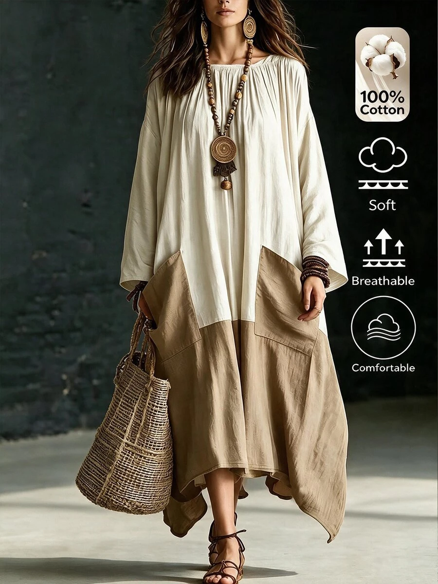 Linhara Plus Size Casual Pure Cotton Boat Neck Pocket Contrast Color Bell Sleeve Long Sleeve Loose Fit Dress