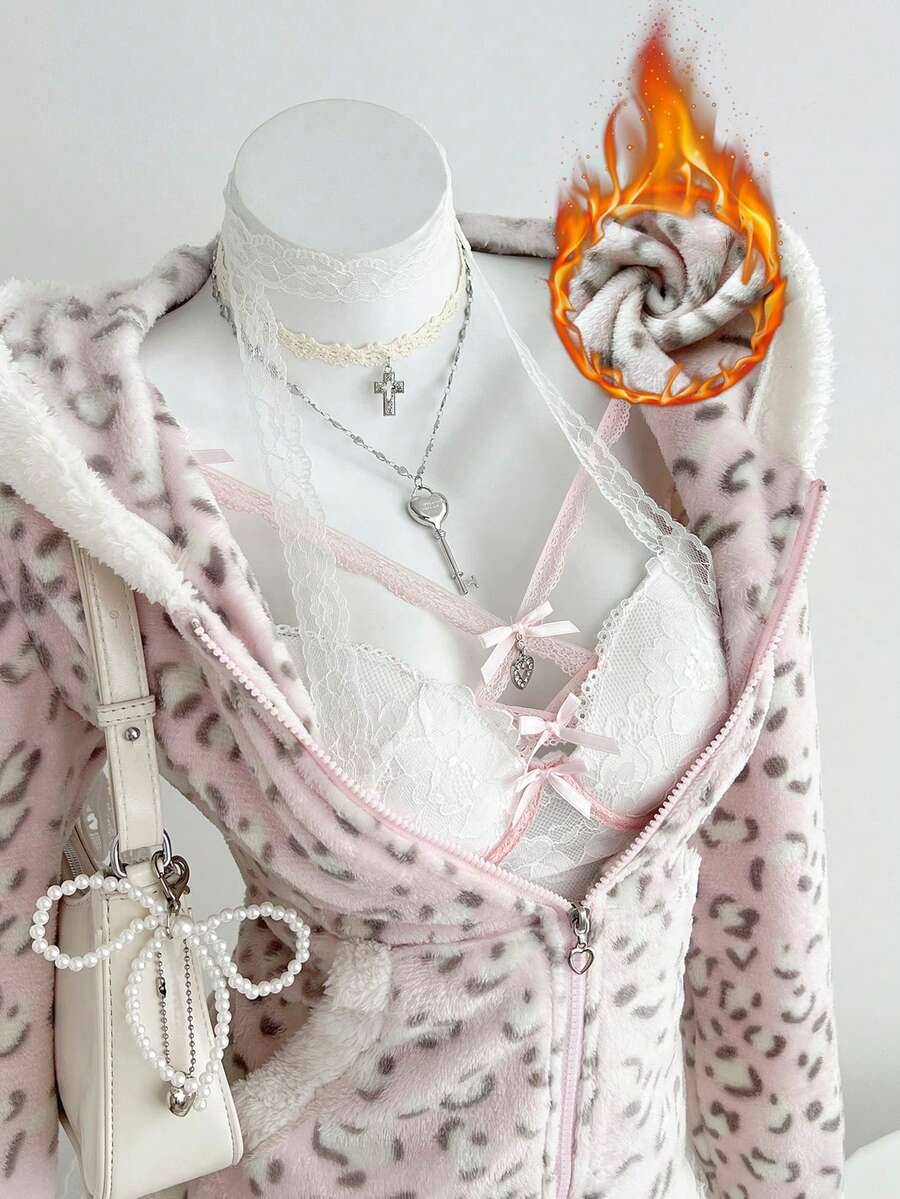 Elamini 秋冬季休闲女式撞色保暖内衬拉链卫衣，豹纹印花，柔软修身，适合返校和居家穿着