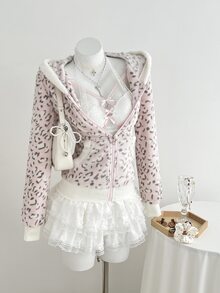 Elamini 秋冬季休闲女式撞色保暖内衬拉链卫衣，豹纹印花，柔软修身，适合返校和居家穿着 - 彩色 - 查看 6
