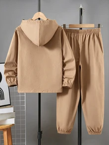 SHEIN 2pcs Kids Tween Boy Half-Zip Hooded Jacket And Jogger Pants Set, Casual Sports Style, Suitable For Autumn/Winter - Khaki - View 2