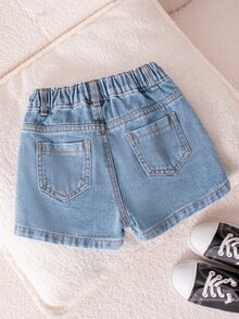 Genkimix Kids Young Girls' Light Wash Denim Bow Embroidered Ruffle Skirt Shorts - Medium Wash - View 2