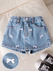 Genkimix Kids Young Girls' Light Wash Denim Bow Embroidered Ruffle Skirt Shorts - Medium Wash - View 3