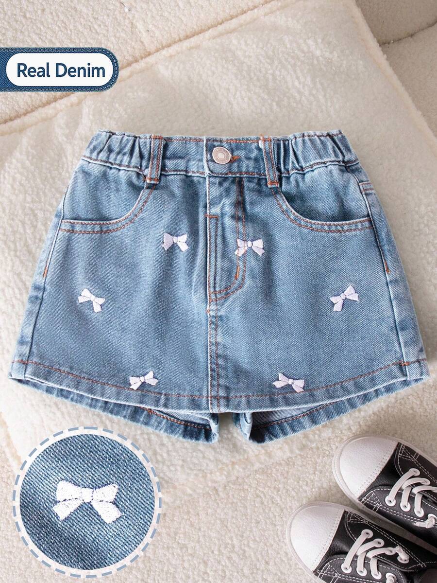Genkimix Kids Young Girls' Light Wash Denim Bow Embroidered Ruffle Skirt Shorts - Medium Wash - View 1