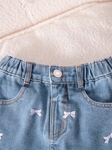 Genkimix Kids Young Girls' Light Wash Denim Bow Embroidered Ruffle Skirt Shorts - Medium Wash - View 4