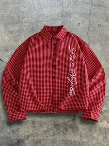 AXEPEAK Men's Letter Print Plaid Single-Breasted Casual Versatile Daily Commute Shirt - Red - View 6