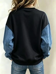 Lalippa 女款時尚黑色印花圓領長袖運動衫，適合日常外出、夜晚聚會、秋季街頭休閒穿搭 - 彩色 - 查看 2