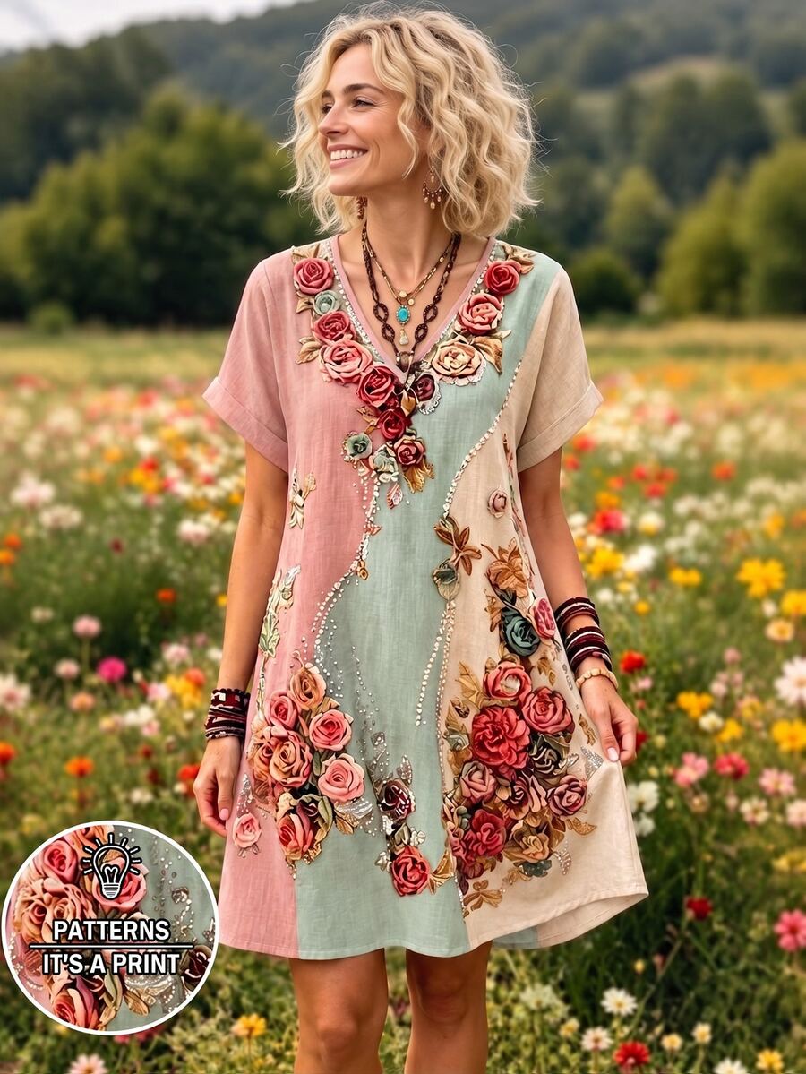 Selamara 女款波希米亞風拼接花卉印花短袖洋裝 - 彩色 - 查看 1