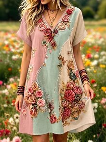 Selamara 女款波希米亞風拼接花卉印花短袖洋裝 - 彩色 - 查看 5