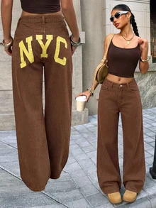 SHEIN Tall 女款字母印花口袋寬腿寬鬆休閒牛仔褲 西部牛仔風女裝 萬聖節秋季服飾 - 棕色 - 查看 2