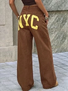 SHEIN Tall 女款字母印花口袋寬腿寬鬆休閒牛仔褲 西部牛仔風女裝 萬聖節秋季服飾 - 棕色 - 查看 5