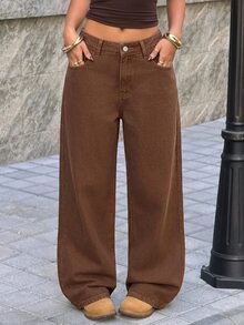 SHEIN Tall 女款字母印花口袋寬腿寬鬆休閒牛仔褲 西部牛仔風女裝 萬聖節秋季服飾 - 棕色 - 查看 7