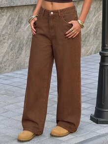 SHEIN Tall 女款字母印花口袋寬腿寬鬆休閒牛仔褲 西部牛仔風女裝 萬聖節秋季服飾 - 棕色 - 查看 6