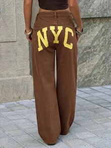 SHEIN Tall 女款字母印花口袋寬腿寬鬆休閒牛仔褲 西部牛仔風女裝 萬聖節秋季服飾 - 棕色 - 查看 9