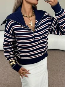 DAZY Business Casual Striped Long Sleeve Half-Zip Pullover - Navy Blue - View 5